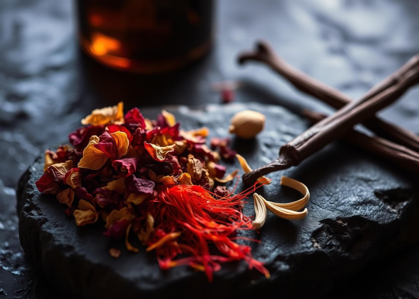Trầm hương, cánh hoa hồng khô, nghệ tây và quả vani trên đá đen
